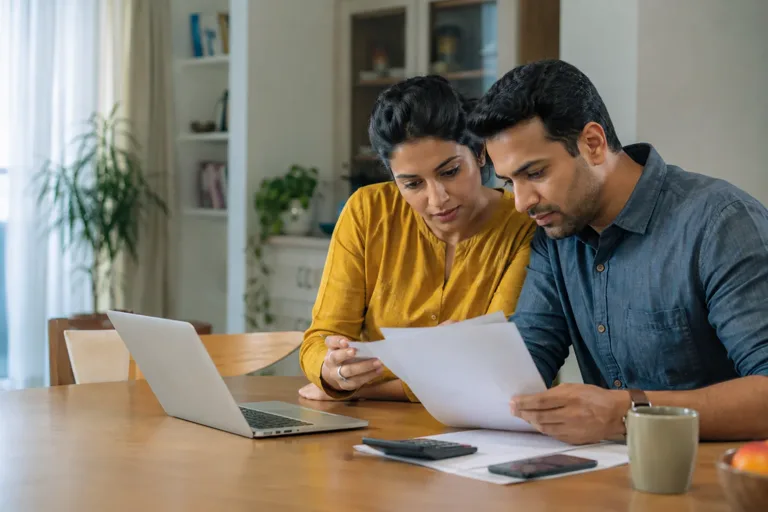An Indian couple reviewing their household finances